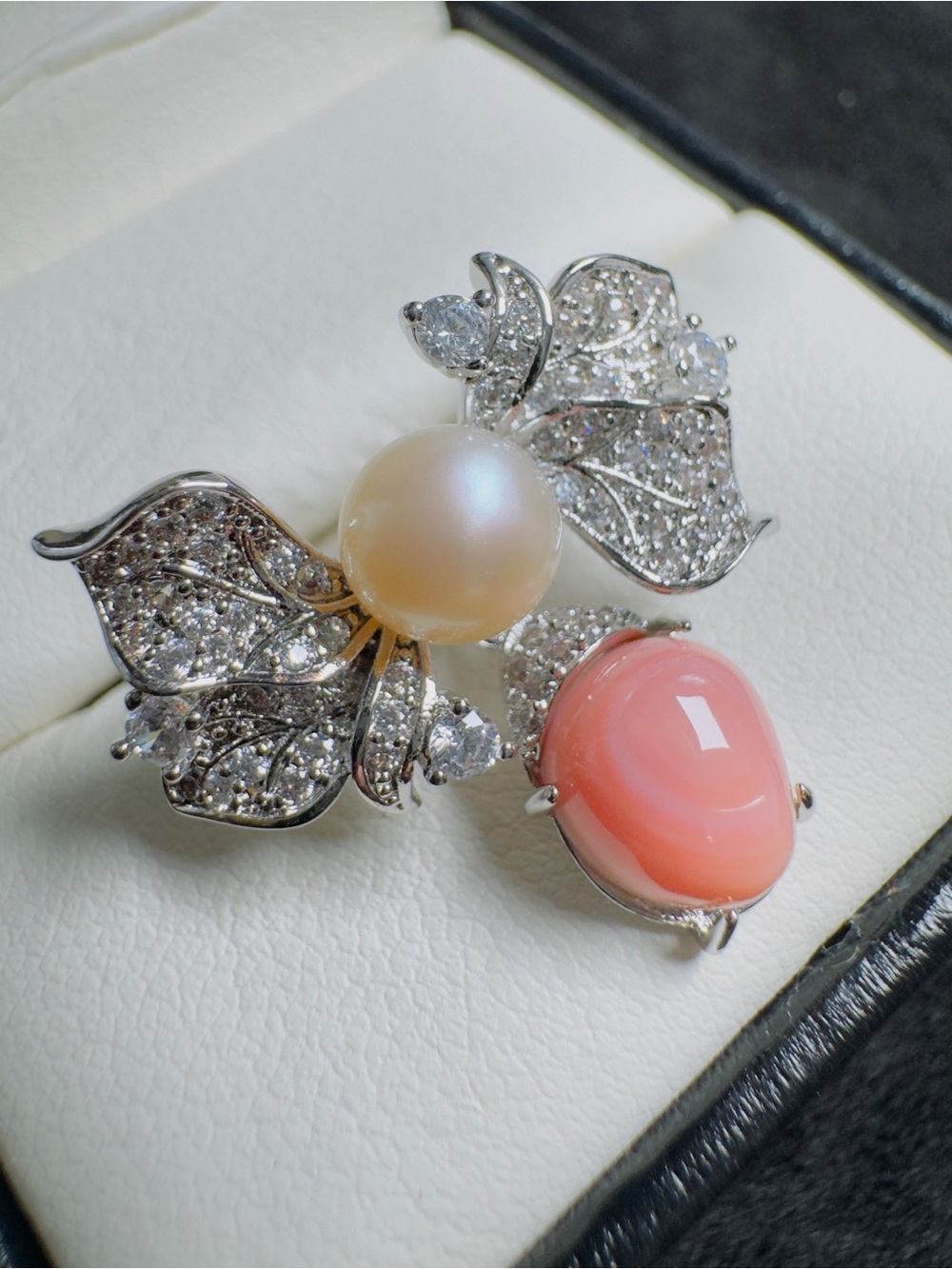 Pearl Pink Stone Floral Leaf Statement Ring